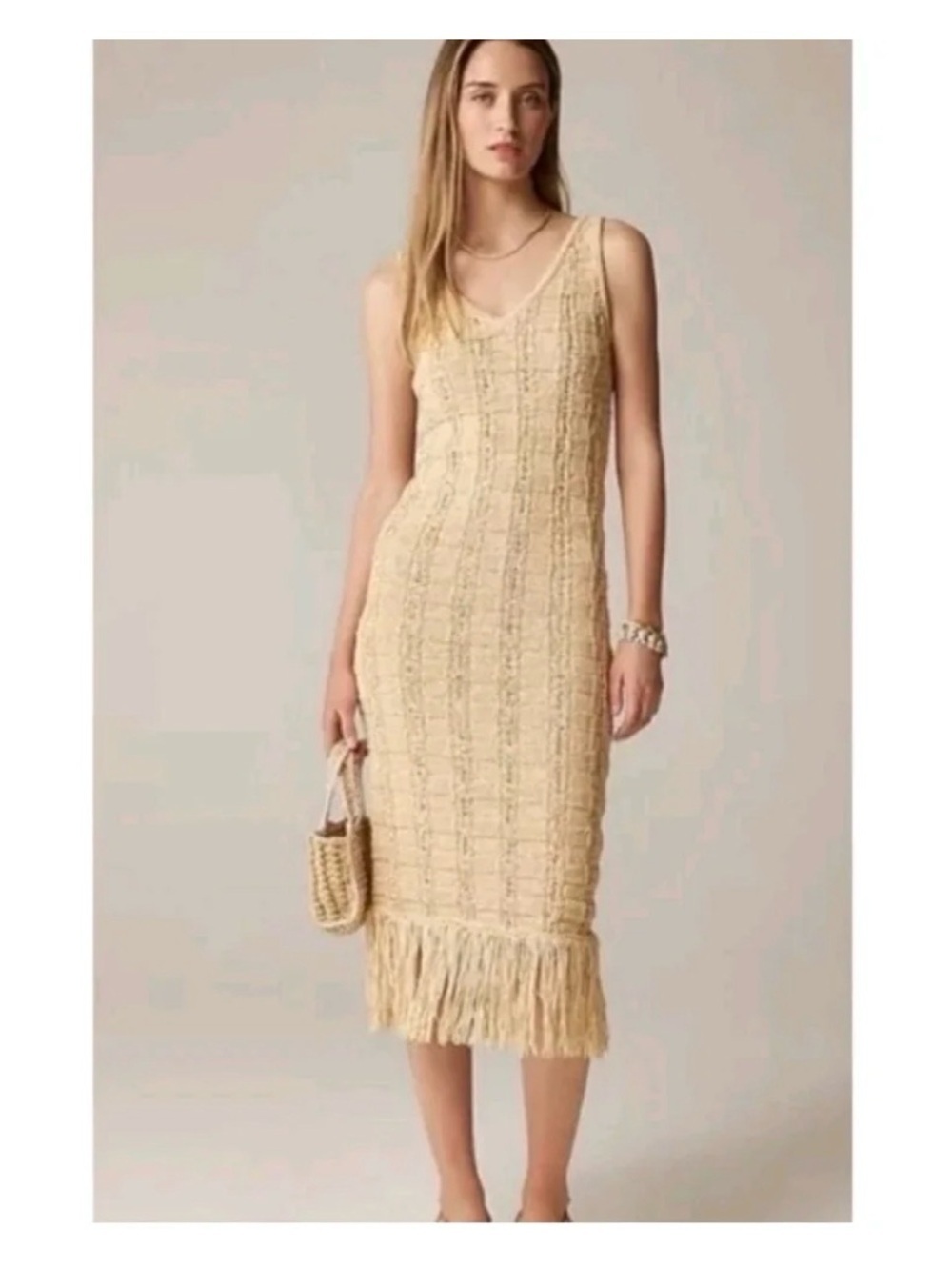 NWT! J Crew Cotton Blend Beige Midi Check Fringe Dress - size S